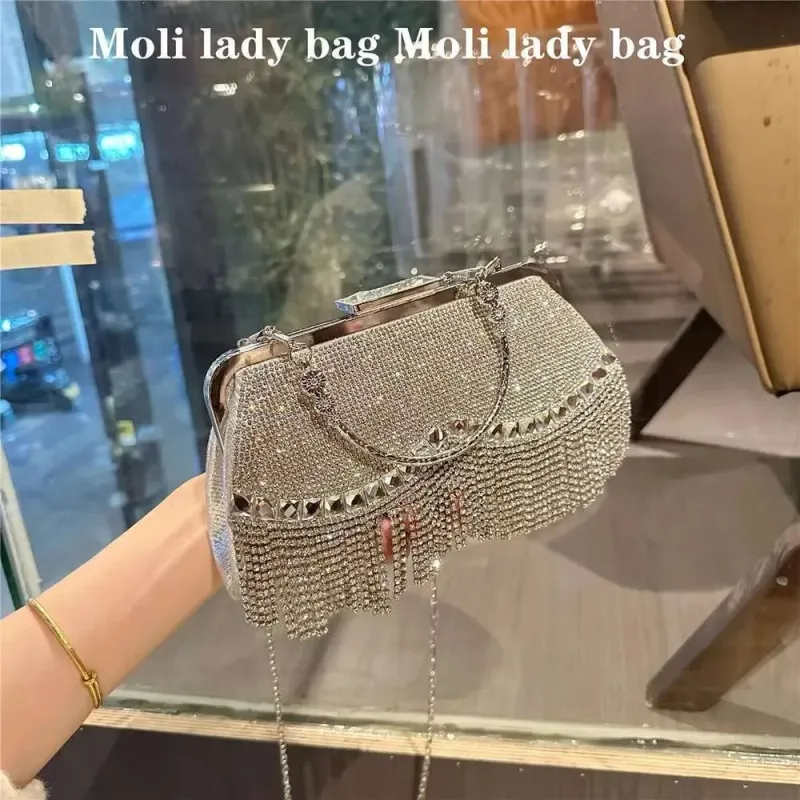 Borsa a tracolla da donna con strass di cristallo, da sera, da festa, da sposa, da sera, da donna, con pochette e nappa glitterata, 2025_voghion.com