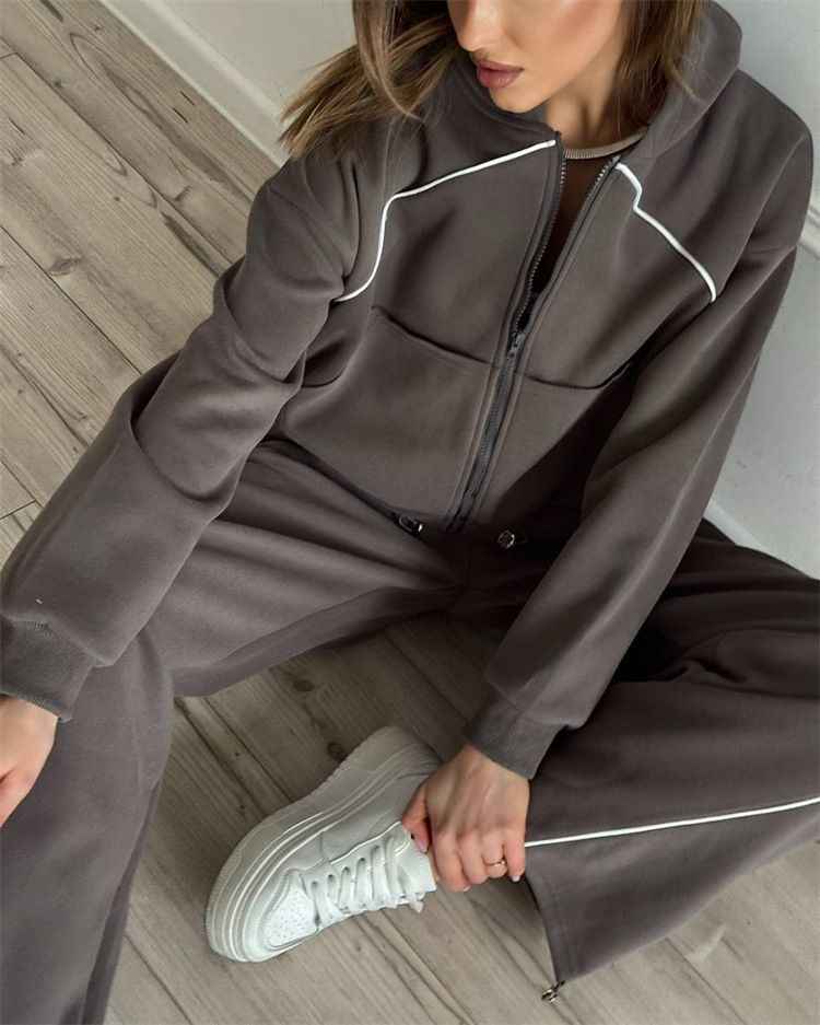 Lässiges Sportbekleidungsset für Damen – Langarmjacke mit Reißverschluss vorne und Jogginghose mit elastischem Bund (S–XL, einfarbig, Streetwear-Chic)_voghion.com