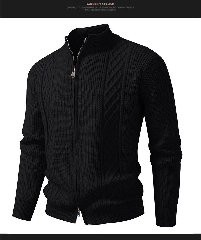 Cardigan masculino de malha jacquard com zíper duplo - pulôver de manga comprida com corte slim para uso casual e no escritório_voghion.com