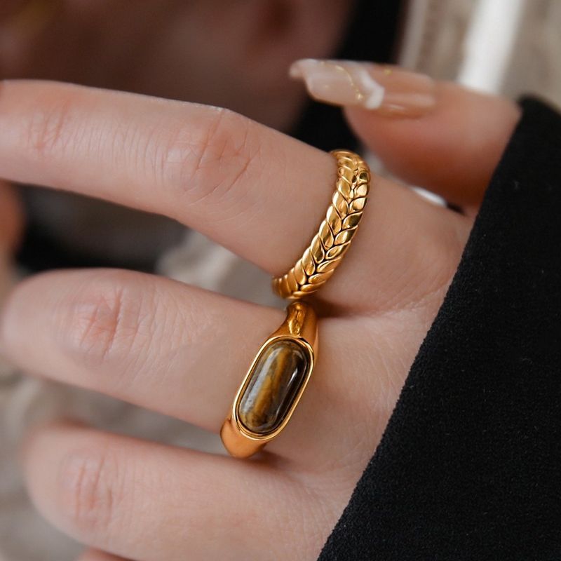 Anello da sella in pietra naturale occhio di tigre placcato di alta qualità per donna, anello a forma di spiga di grano, design impilabile, regolabile_voghion.com