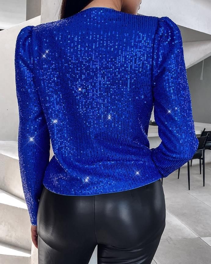 Women's Clothing fashion round neck color matching sequins short casual versatile small suit jacket_voghion.com