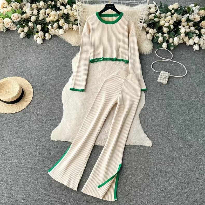 Autumn Winter 2 Pieces Women's Oufit Sets Knitted Tracksuit O-Neck Sweater And Wide Leg Jogging Pants Female Suits_voghion.com