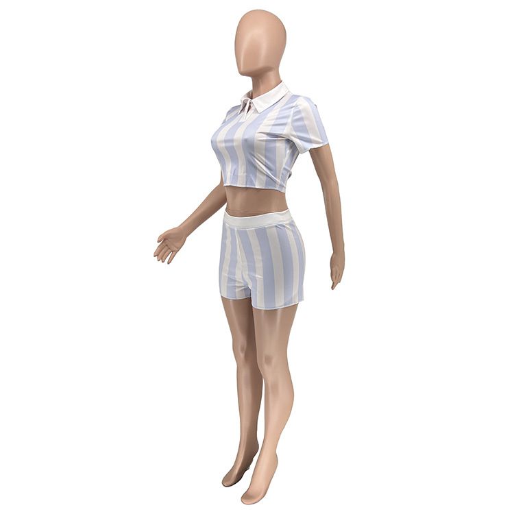 Ensemble deux pièces sexy dos nu à lacets imprimé rayé à la mode estivale pour femmes_voghion.com