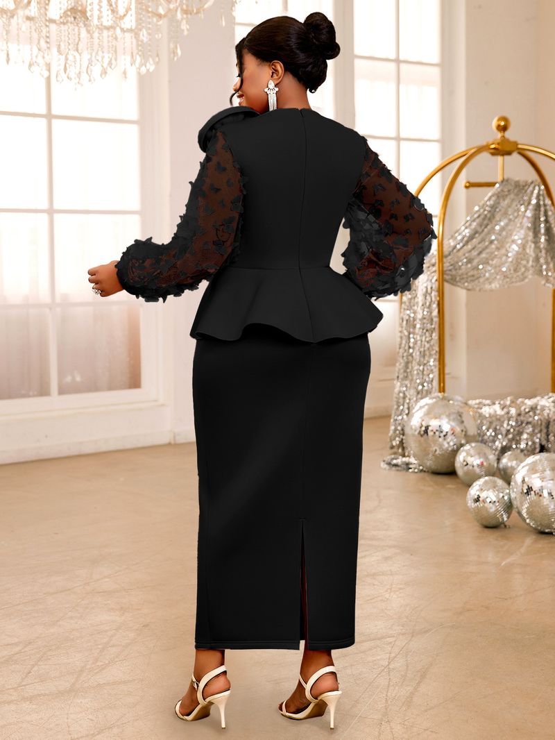 Elegantes Partykleid in Übergröße – Fließendes Midikleid mit Glockenärmeln und Rüschensaum, schwarzes Abendkleid mit hoher Taille für Damen_voghion.com