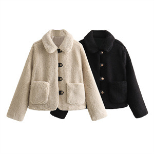 Damen-Kurzjacke aus einfarbigem Revers-Fleece aus Lammwolle_voghion.com