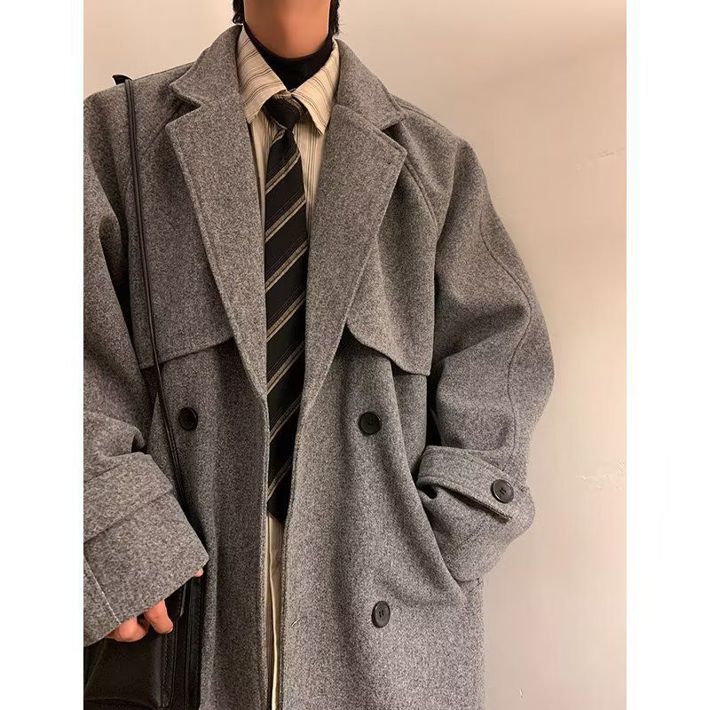 Autumn And Winter New Double Row Buttoned Medium To Coat, Men's Woolen Windbreaker, Loose Long Coat_voghion.com