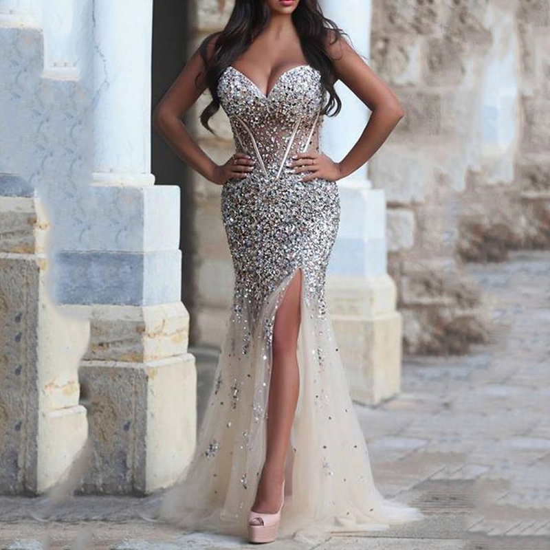 Abiti da ballo di lusso in cristallo 2025, sexy, con scollo a cuore, perline e paillettes, spacco, abito da sera, fatto a mano, da sposa._voghion.com