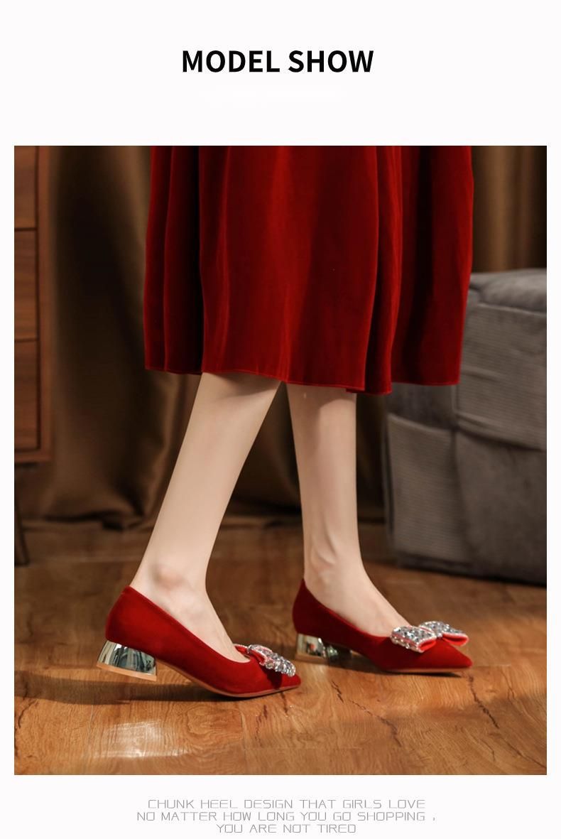 3333H-059 Thick Heel Suede Red High Heels With Rhinestone Bowknot For Banquet Wedding Comfortable Women's Shoes_voghion.com