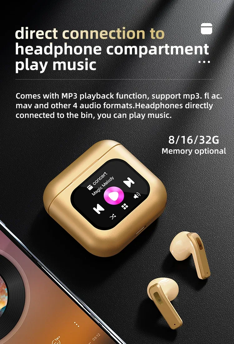 Smart Screen Touch Bluetooth Earphones Built-in 8GB Storage APP Control Video Switch Noise Reduction Message Reminder Earbuds_voghion.com