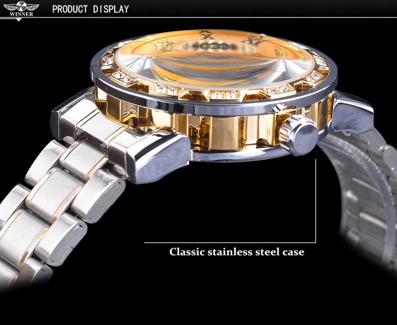 Orologio meccanico di lusso da uomo con scheletro e diamanti, cinturino in lega - Orologio elegante e casual per uomo, orologio meccanico manuale con strass cavi_voghion.com