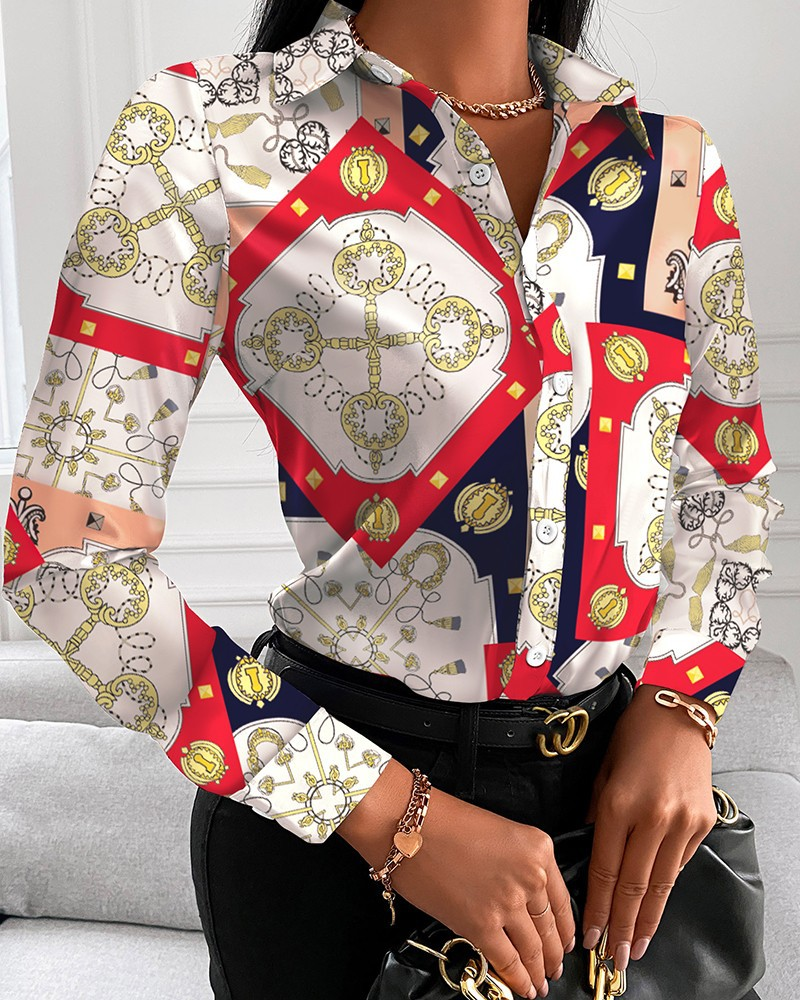 Camicia da donna stampata con scollo a V e bottoni alla moda_voghion.com