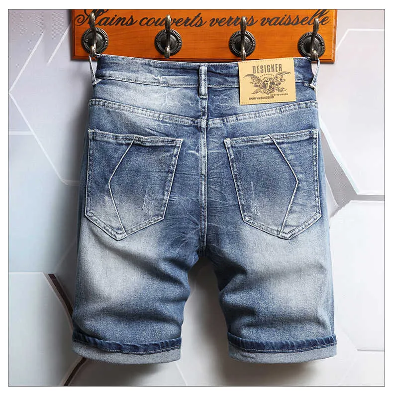 2022 Zomer Nieuwe Rechte Stretch Denim Shorts Voor Heren, Koreaanse Mode, Katoen, Streetwear, Slim-Fit Cropped Jeans, Met Panelen_voghion.com