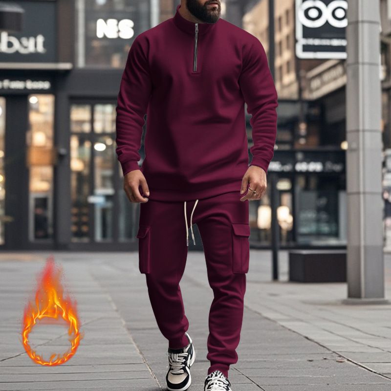 Fleecegefüttertes Sweatshirt-Set mit Viertelreißverschluss für Herren – Slim Fit Thermo-Jogging-Outfit für Herbst und Winter_voghion.com