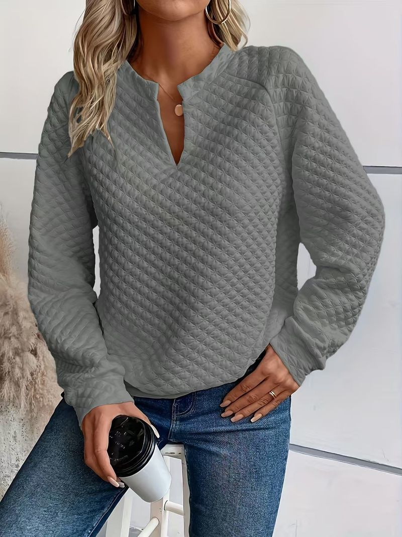 2025 Herbst Neue Feste Farbe Tiefem V-ausschnitt Patchwork Langarm frauen Casual Sweatshirt_voghion.com