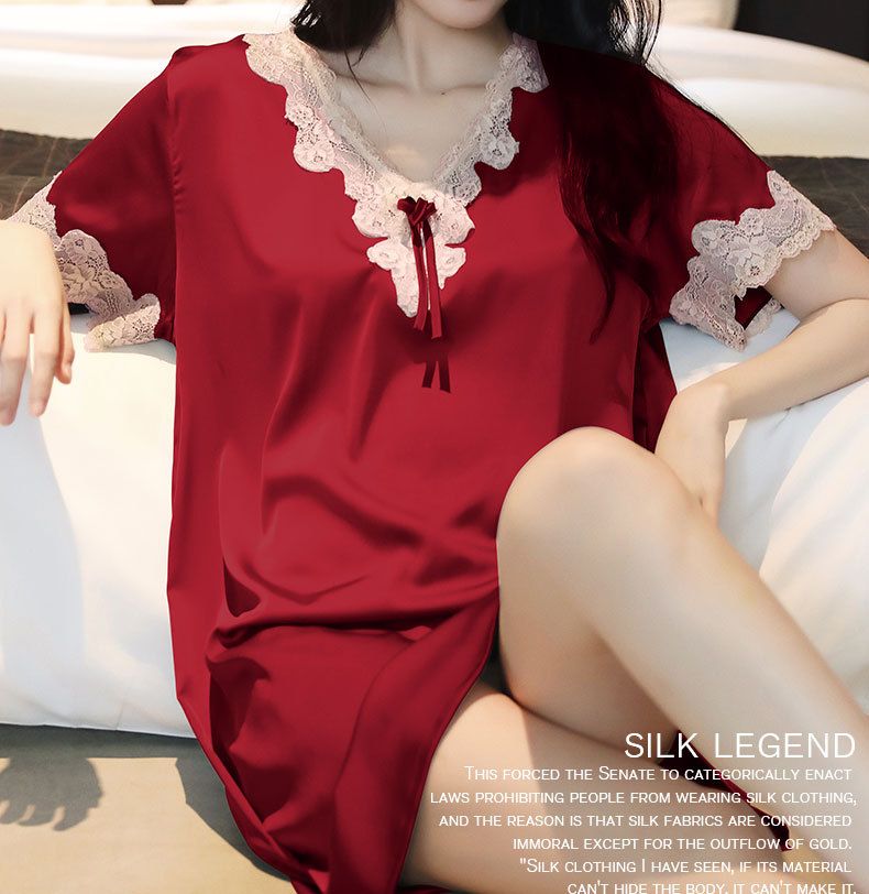New Pajamas Women's Summer Ice Silk Loose Large Size European And Korean Version Sexy Lace Ice And Snow Silk Short-sleeved Nightdress Loungewear_voghion.com
