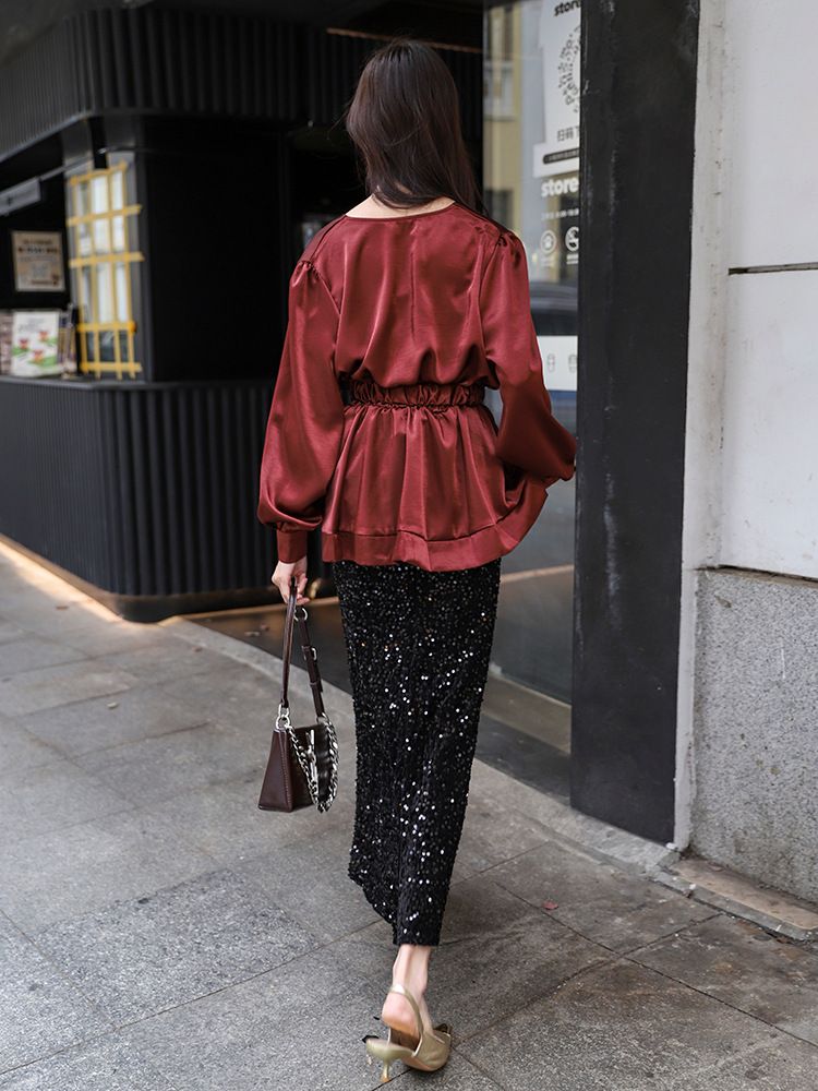 Elegant Pure Desire Ancora Red Satin Blouse With Belt Waist-Cinching French Light Lady Acetate Shirt_voghion.com
