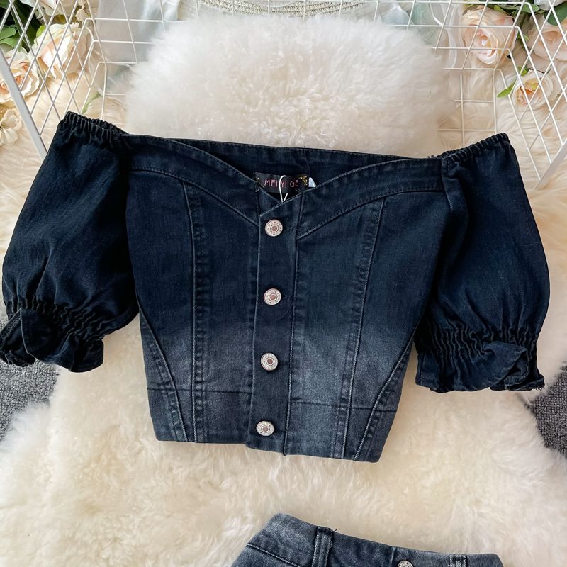 Gonna in denim da donna, lunghezza media, vita alta, spacco, gonna lunga a trapezio, gonna alla moda, completo due pezzi, top corto a vita alta_voghion.com