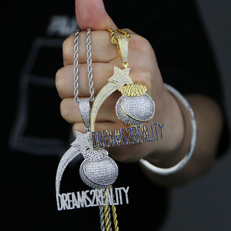 Gioielli da uomo - Collana con ciondolo Hip Hop DREAMS 2REALITY con pietre di zircone, catena cubana placcata in argento e oro, collana con zircone intarsiato da 24 pollici_voghion.com