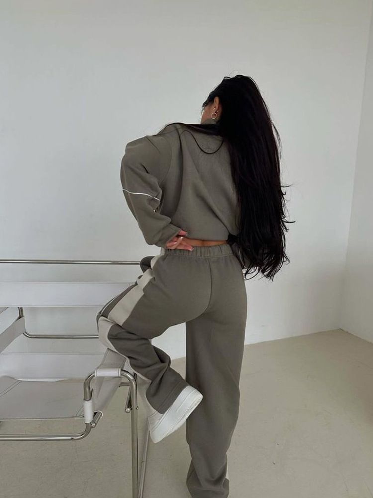 Completo tuta color-block da donna – Top e pantaloni alla moda a maniche lunghe per donna (grigio/verde, S-XL)_voghion.com