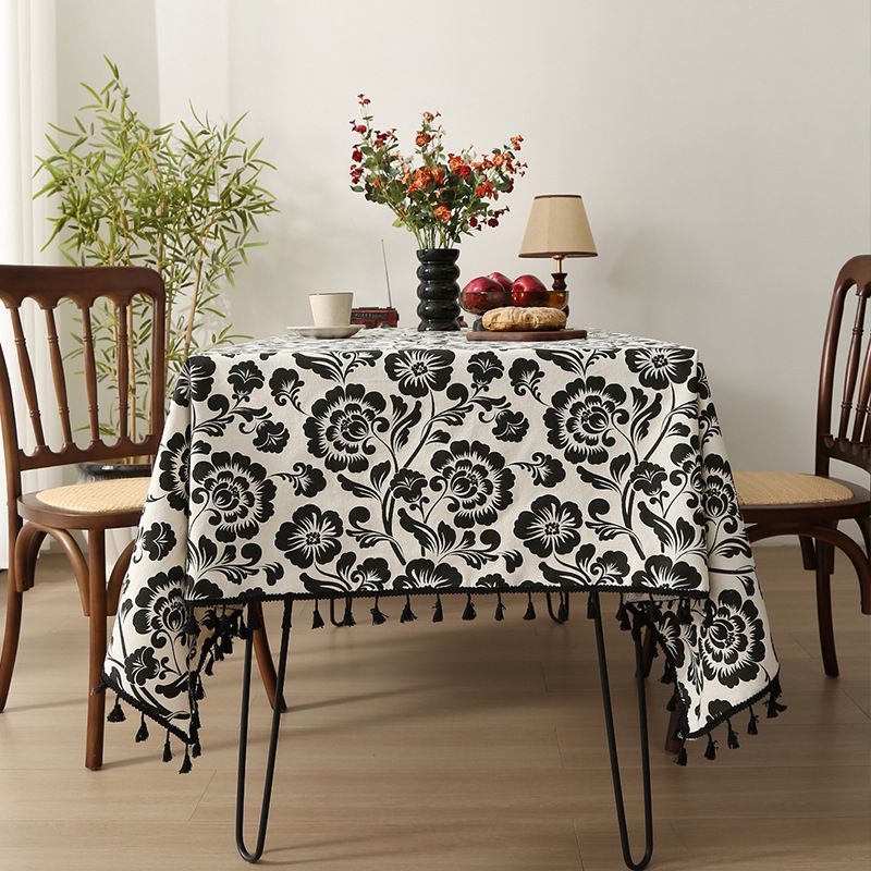 Tovaglia floreale nera – Copritavolo da pranzo rettangolare in misto cotone e poliestere – Stile europeo vintage con retro antiscivolo_voghion.com