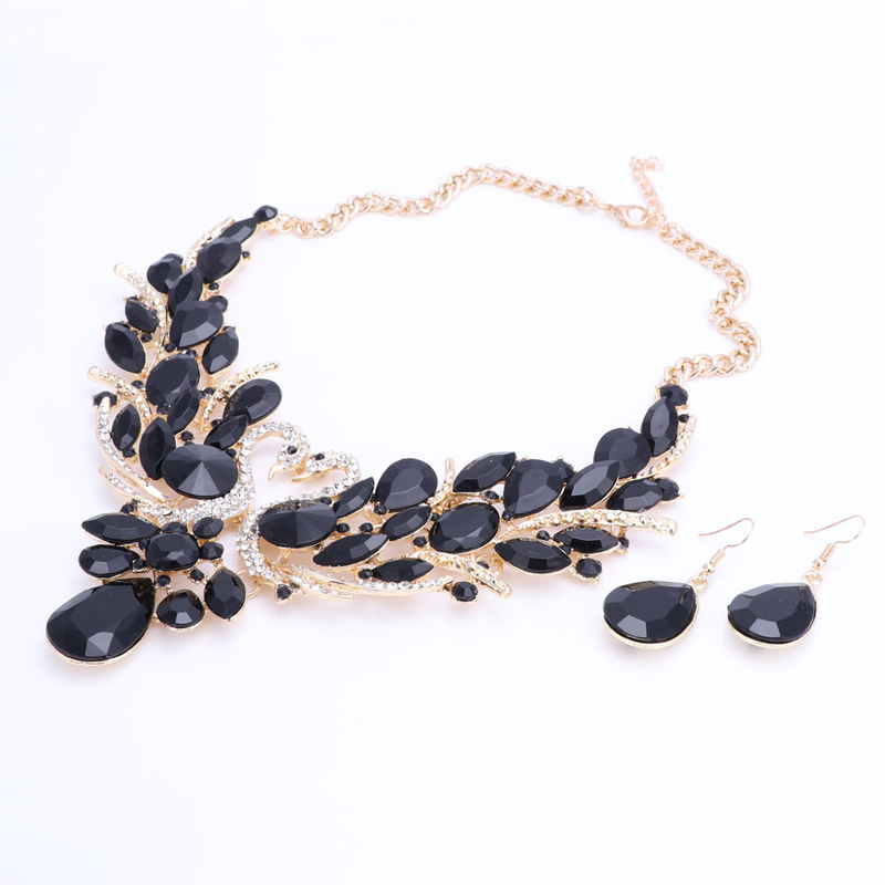 Moda Cristal Duplo Cisne Cor Prata Pingente Feminino Festa Casamento Baile Colar Brinco Conjuntos de Acessórios_voghion.com