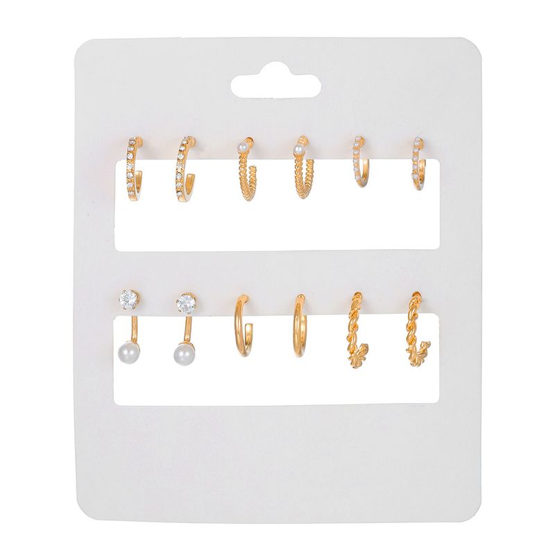 Metal Love Square Geometric Tassel Earrings Combination Set Of Retro Pearl Diamond C Shaped Earrings_voghion.com