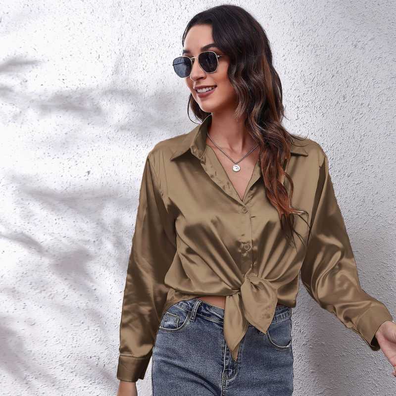 Women's clothing color D shirt satin silk imitation long sleeve shirt_voghion.com