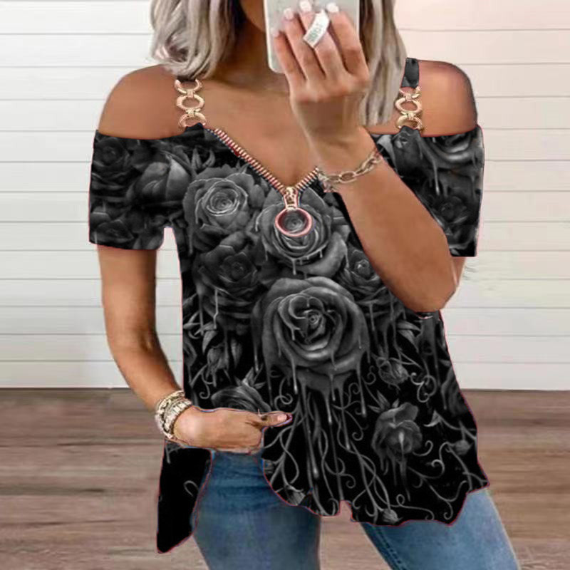 T-shirt da donna con cerniera rosa pullover a maniche corte stampata con scollo a V e spalle scoperte_voghion.com