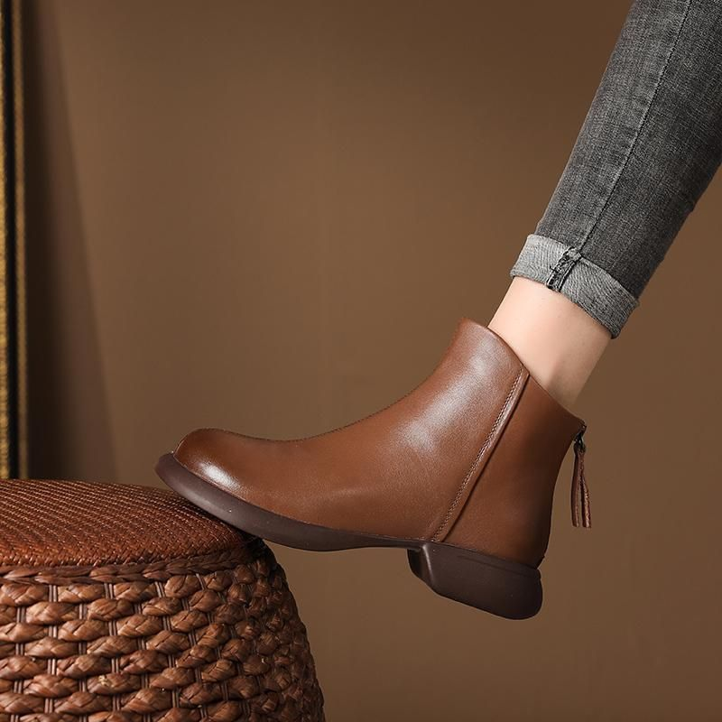 【Tutti in pelle di mucca】Stivali corti in vera pelle in stile western per donna, autunno e inverno 2023. Suole morbide, fatti a mano._voghion.com
