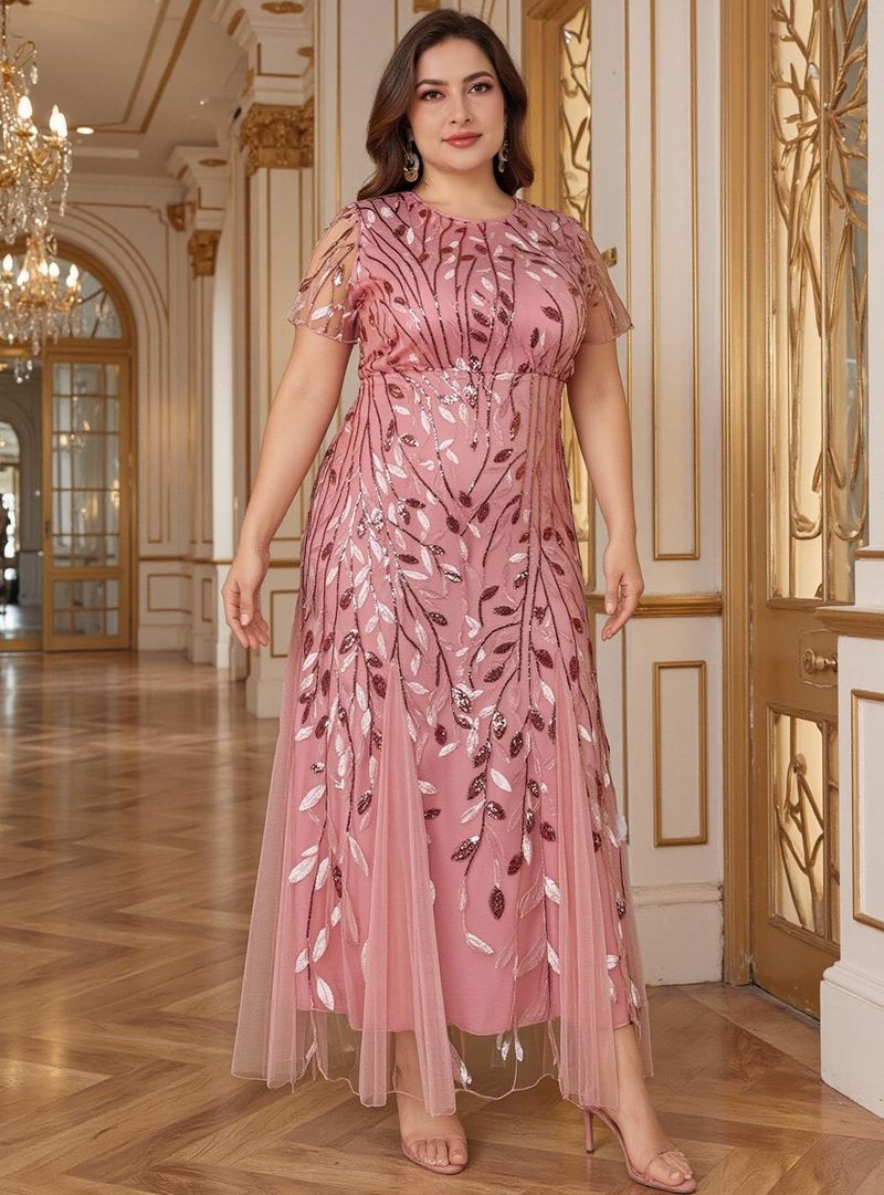 Elegante avondjurk in grote maten voor vrouwen - lange galajurk van mesh met kant en pailletten, bescheiden moslimfeestkleding (roze, 0XL-5XL)_voghion.com