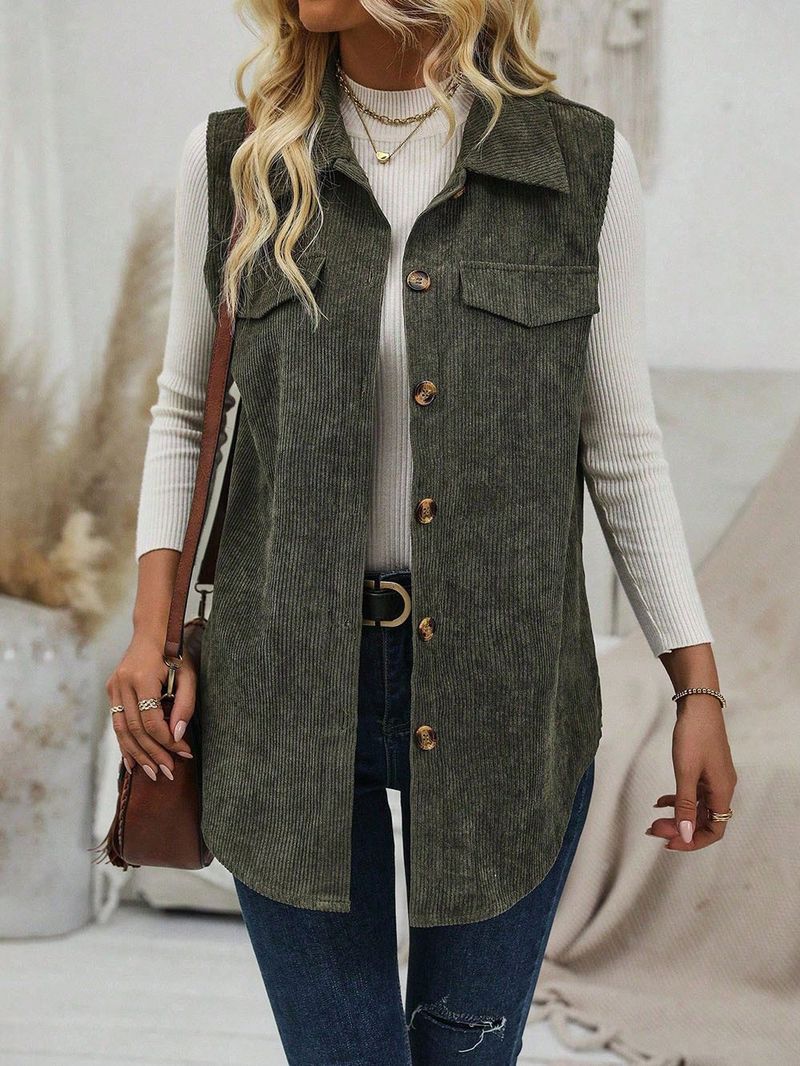 Gilet spolverino in velluto a coste da donna – Giacca lunga con bottoni e colletto a revers, cardigan casual da ufficio color cammello, capo essenziale per un look a strati in poliestere_voghion.com