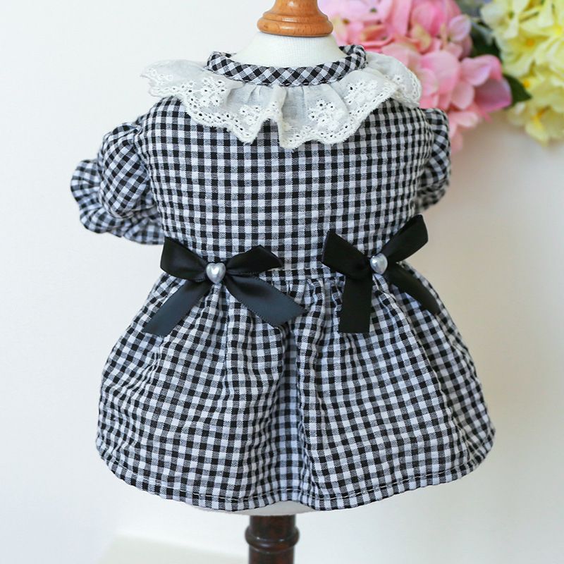 Pet Circle Dog Clothing Cat Clothes Bowknot Lace Collar Edge Black And White Plaid Princess Heart Pearl Dress_voghion.com