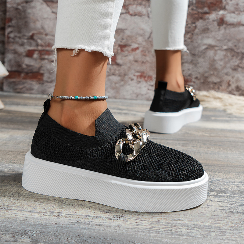 Women's Chain Decor Breathable Mesh Air Round Toe Flat Shoes, Girl's Slip On Loafers Women's Shoes_voghion.com