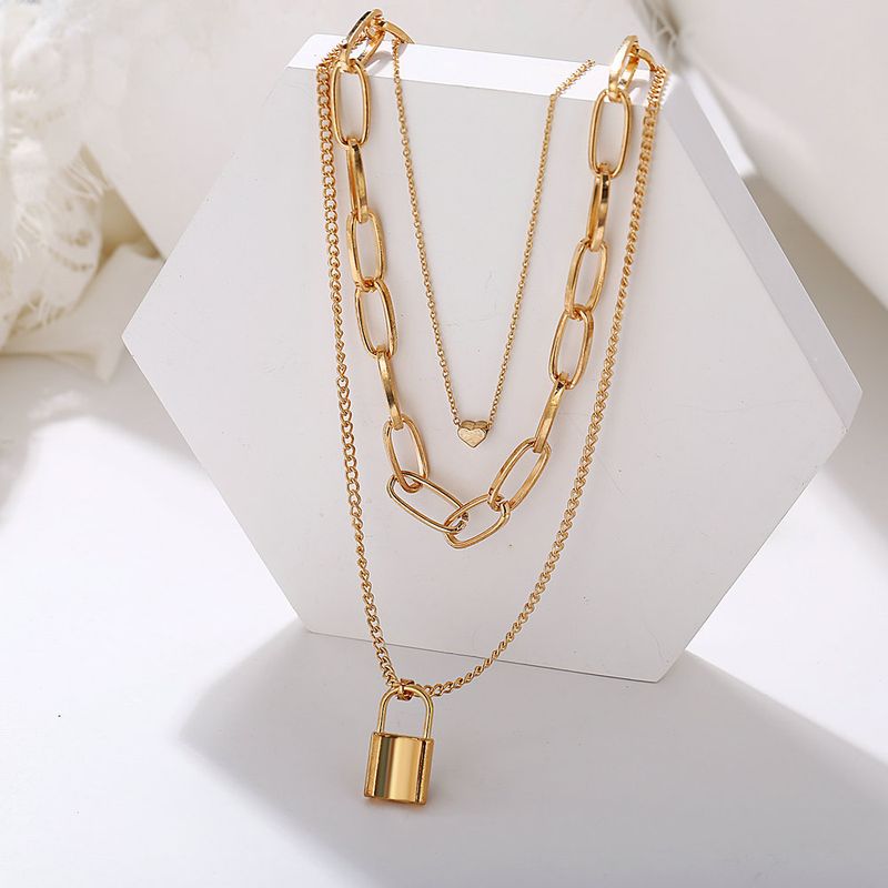 new multi layer necklace Creative retro simple heart lock pendant three layer sweater chain_voghion.com
