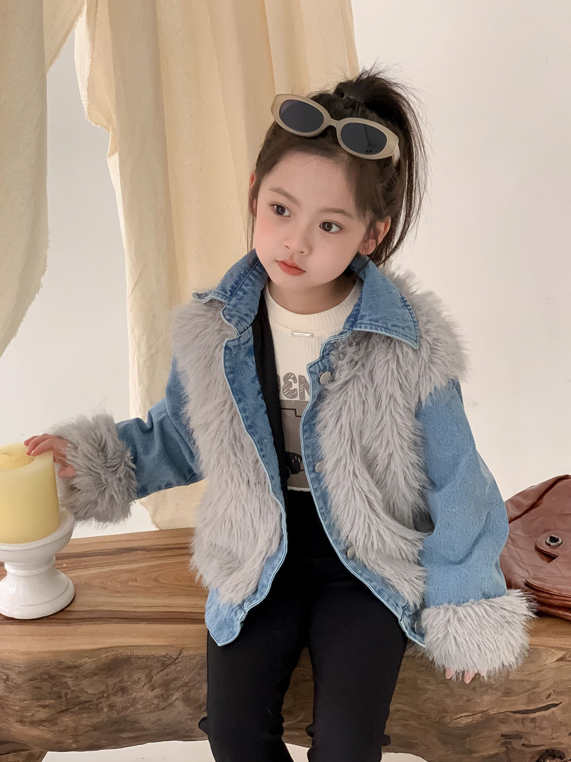 La torta per bambini supera lo stile hipster Cappotto ispessito in pelliccia di jeans patchwork in pelliccia di volpe imitazione per ragazza invernale per bambini_voghion.com