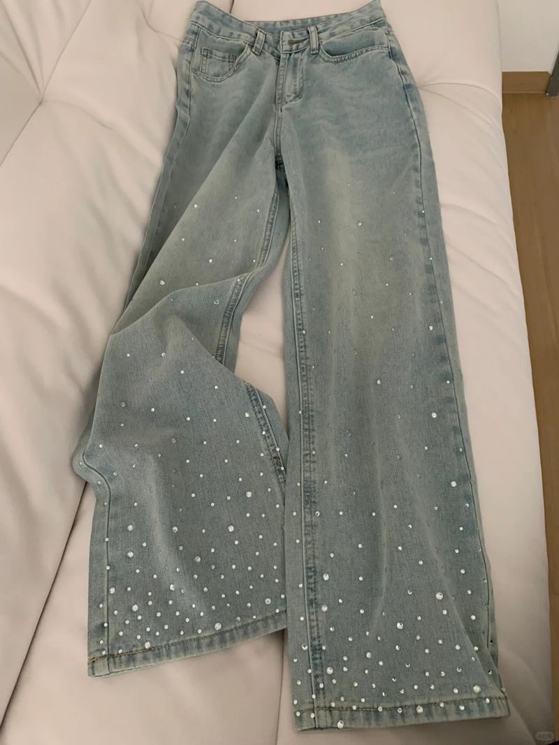 Damenbekleidung Hot Diamond Wide Leg Jeans All Match Design Hohe Taille Schlanke Gerade Hose_voghion.com