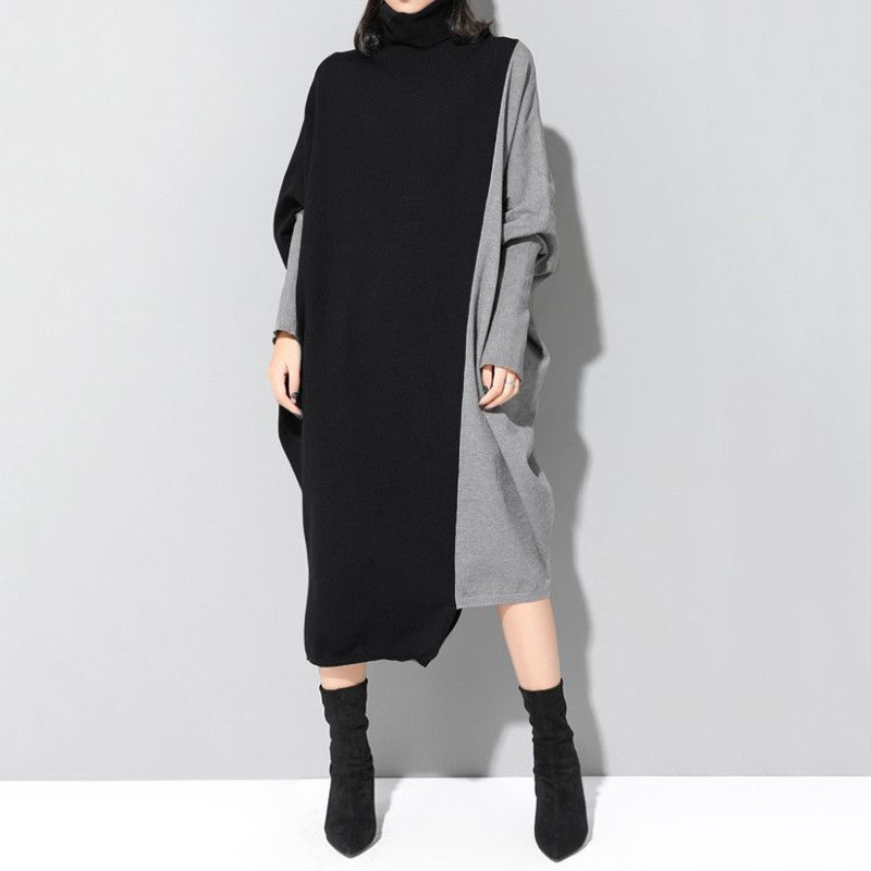 Neue Frühlingsmode Einfarbig Hoher Kragen Kragen Collage Fledermaus Langarm Temperament Pendler Damen Freizeitkleid_voghion.com
