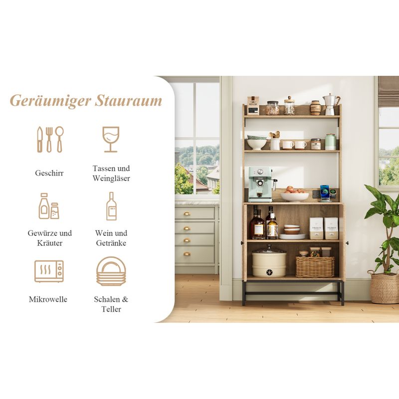 Moderner Buffet-Schrank Mit Eichenholzdekor,Rattan-Doppeltür Mit Stauraum,Mit USB&220V Steckdose,Offene Ablagen,Kippschutz,Für Küche&Wohnzimmer_voghion.com