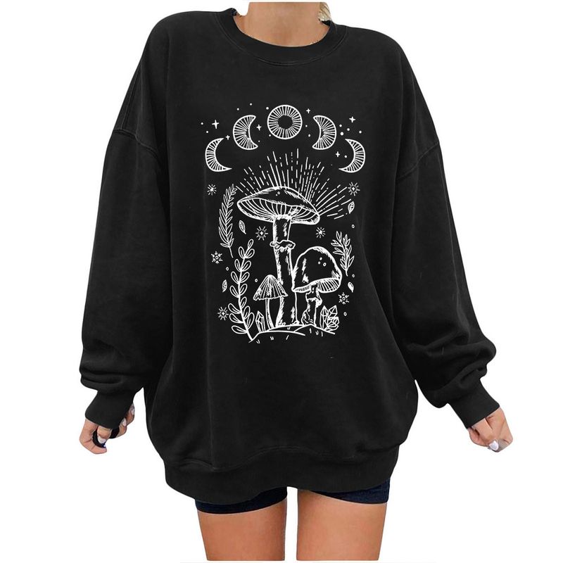 Women's off-the-shoulder long-sleeved sweatshirt mysterious printed fleece top_voghion.com