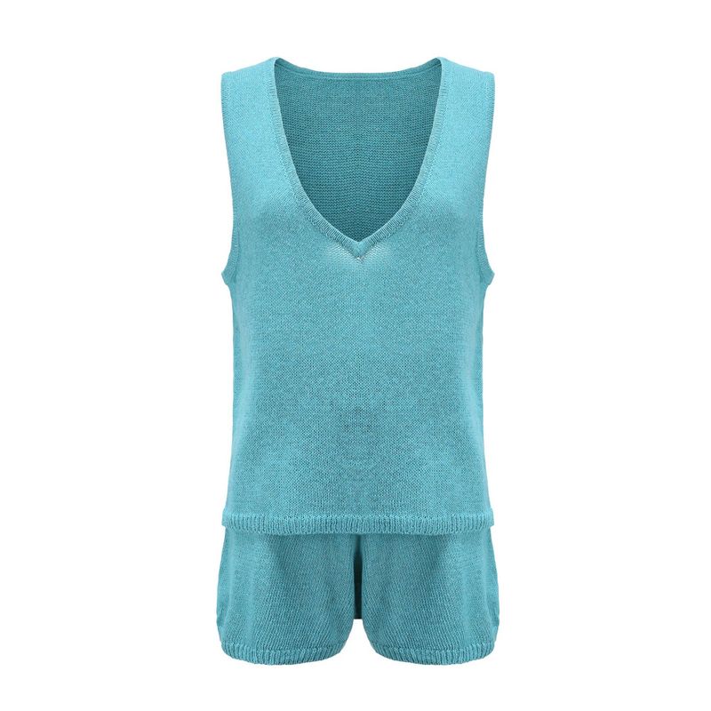 Dameskleding Zomermode Casual Diepe V-hals Vest Trekkoord Gebreid Dames Trui Pak Tweedelig Set_voghion.com