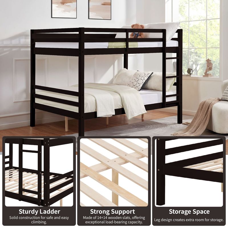 Full Over Full Bunk Bed With Thick Posts,Wooden Bunk Bed With High Guardrail And Ladder For Kids, Teens, Dorm Rooms, And Guest Rooms,No Box Spring Needed, Espresso_voghion.com