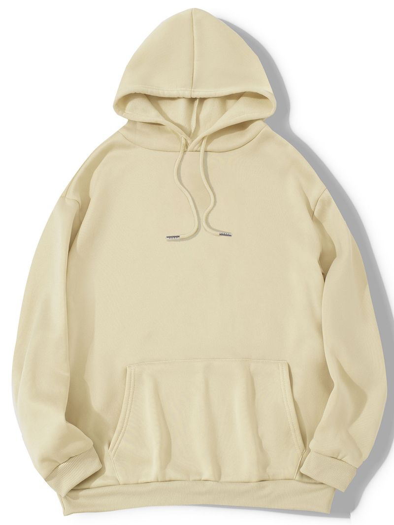 Damen-Fleece-Sweatshirt mit überschnittenen Schultern im Y2K-Stil, einfarbiger Buchstabenprint, Kängurutasche und Kordelzug, Kapuzenjacke_voghion.com