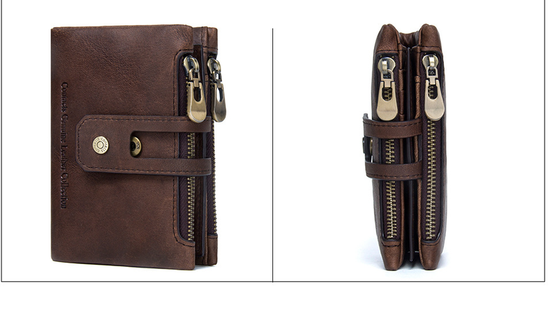 Herenportemonnee met ketting, echt leren portemonnee, RFID-blokkering, dubbelgevouwen, dubbele rits, muntvak met antidiefstalketting_voghion.com