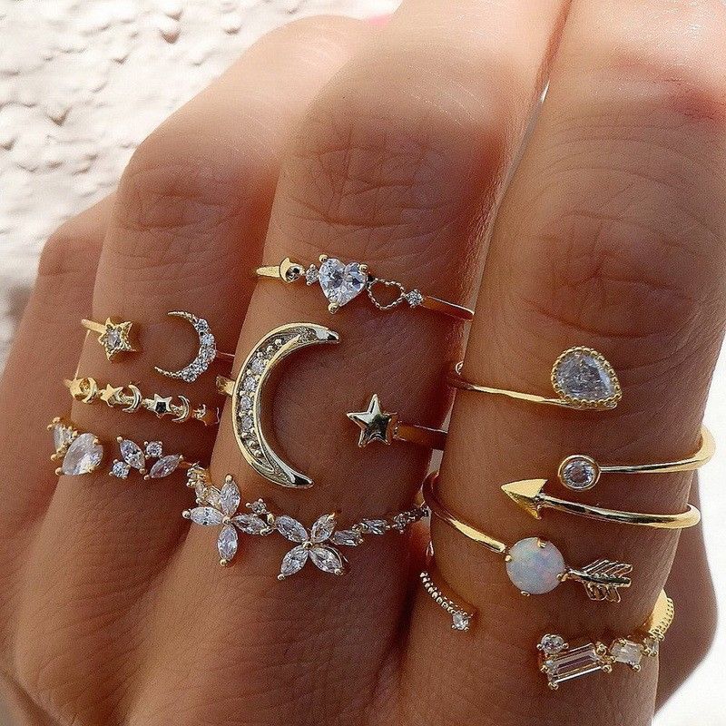 Hip-Hop Style Niche Inlaid Rhinestone Set Open Star Moon Heart Stacking Knuckle Ring_voghion.com