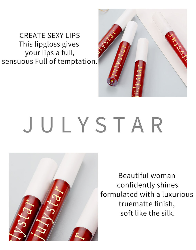 Julystar is niet gemakkelijk te vervagen of te plakken, de cup is vochtinbrengende, matte en lichtgewicht lipglossmake-up_voghion.com