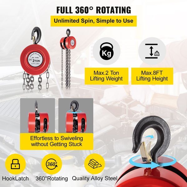 Hand Chain Hoist, 4400 Lbs /2 Ton Capacity Chain Block, 8ft/2.5m Lift Manual Hand Chain Block, Manual Hoist W/Industrial-Grade Steel Construction F_voghion.com