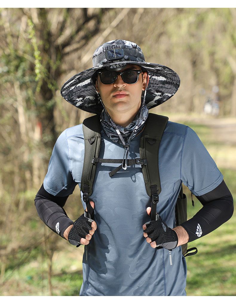 Cappello da uomo con tesa larga e alimentazione solare, con ventola ad alta velocità e batteria ricaricabile, per pesca/escursionismo all'aperto_voghion.com