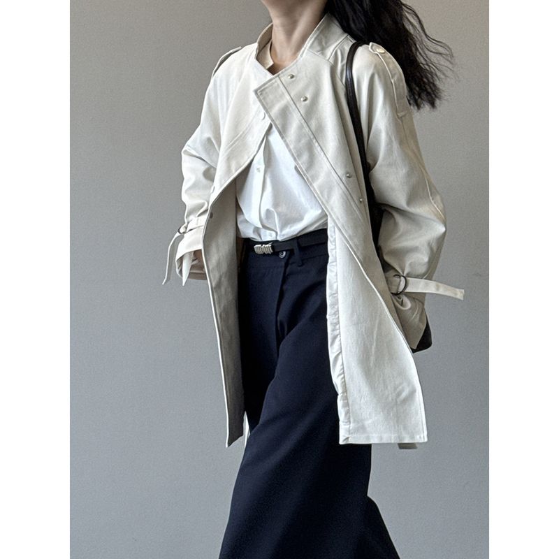Yanshuang British Style Stand Collar Trench Women, Loose Casual Tie Waist Short Coat For Autumn 82585_voghion.com