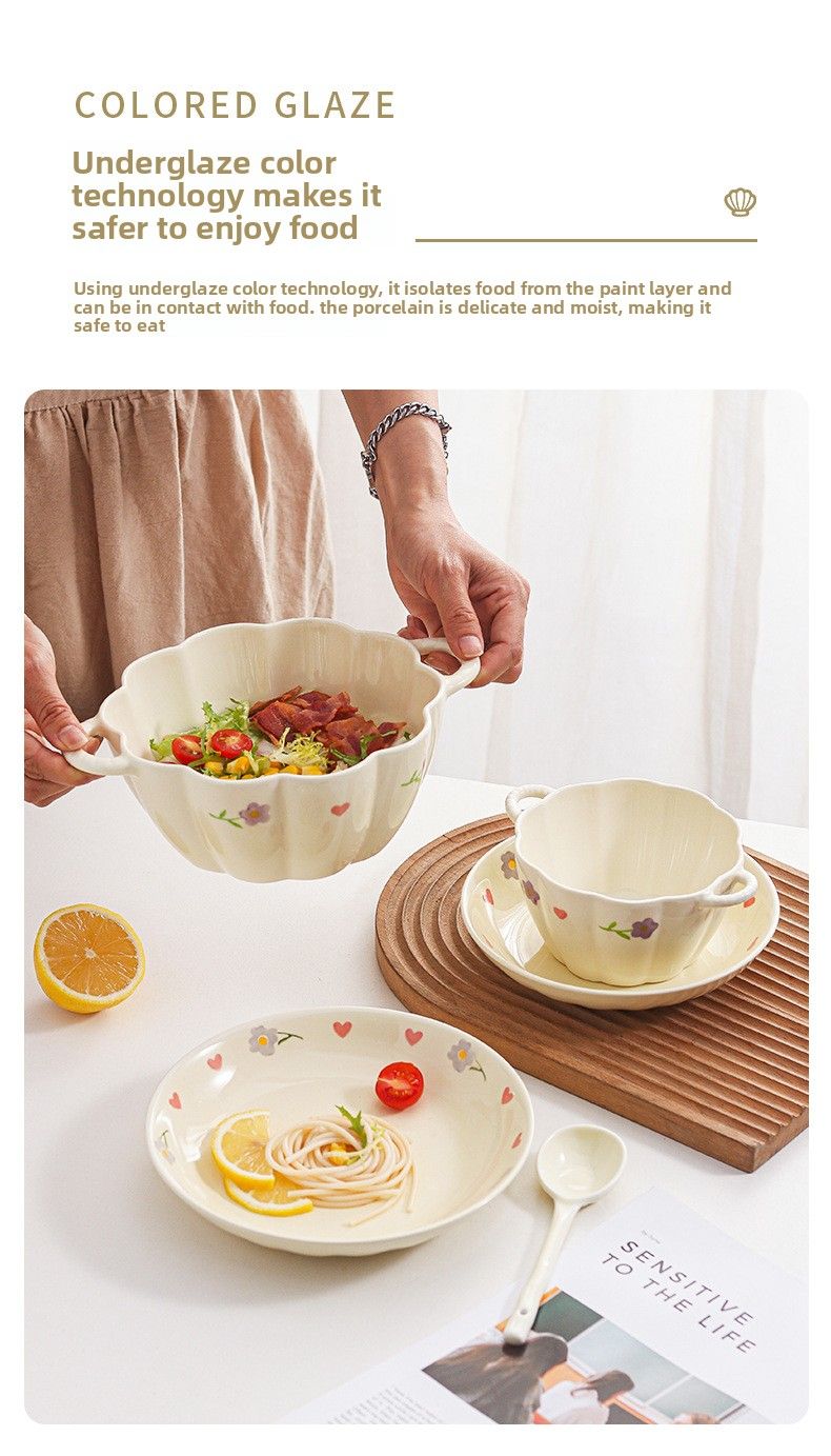 Wisteria Cream Style Ins Set Household Rice Ceramic Plate Double Ear Noodle Large Soup Bowl With Spoon_voghion.com