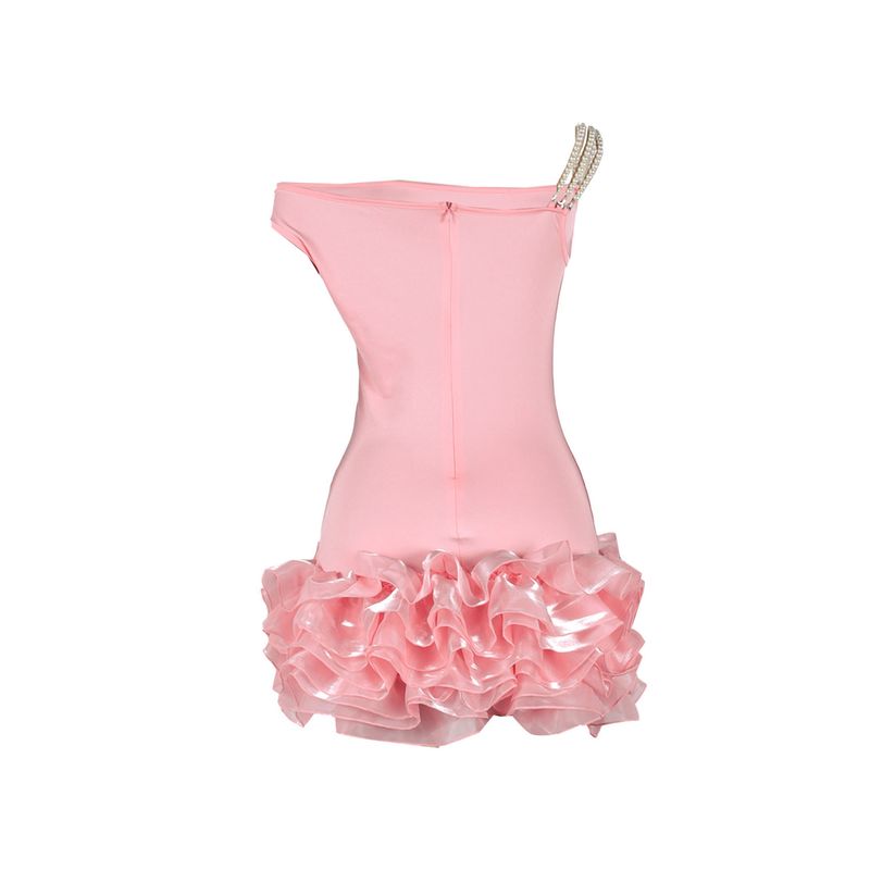 Women's Clothing Sexy Sleeveless Oblique Shoulder Elastic Slim Mesh Splicing Fungus Lace Dress_voghion.com